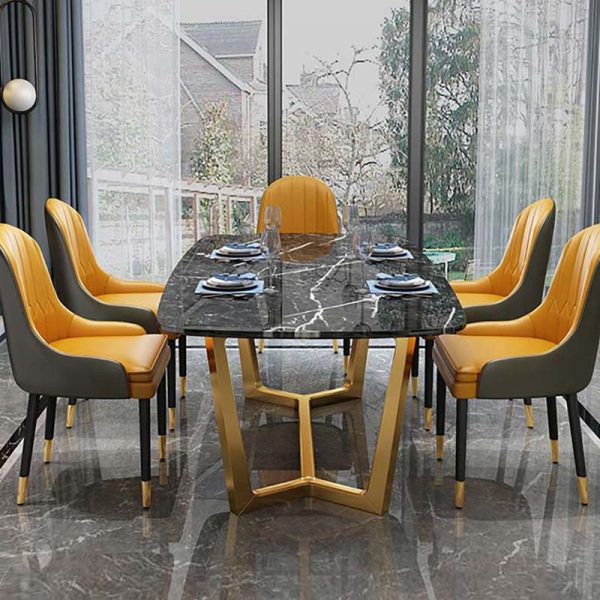 dining room with yellow chairs