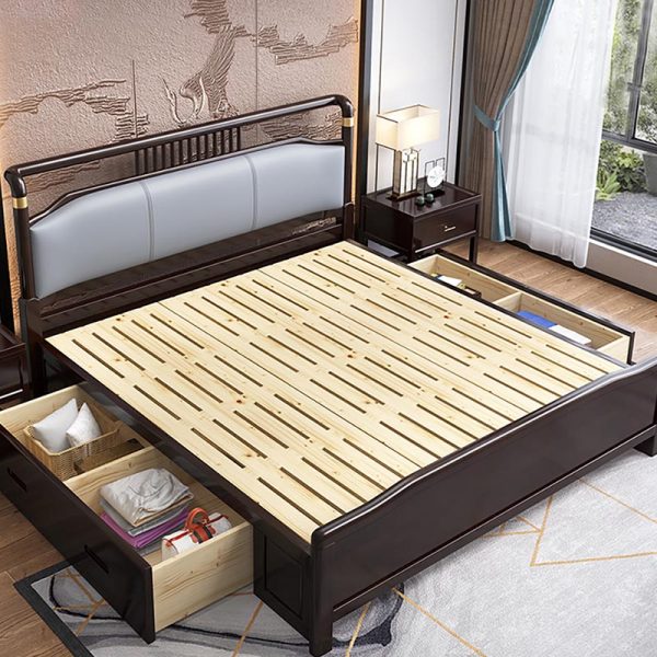 wooden bed with side drawers