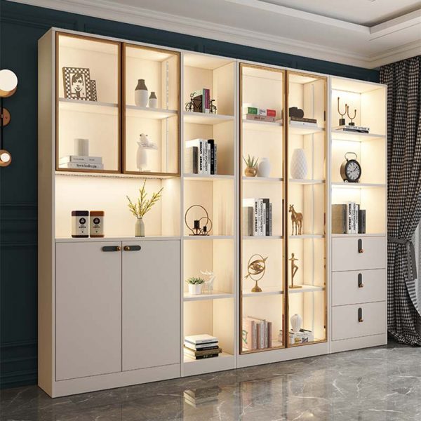 Modern Nordic Glass Door Storage, Book Shelves With Drawers And Doors
