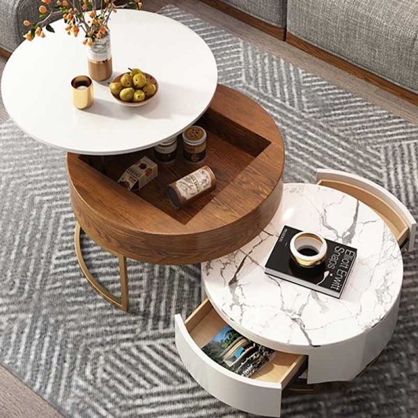 Nordic Round Coffee Table Set With Pull, Round Pull Up Coffee Table