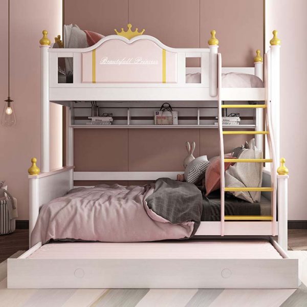 pink bunk bed with desk